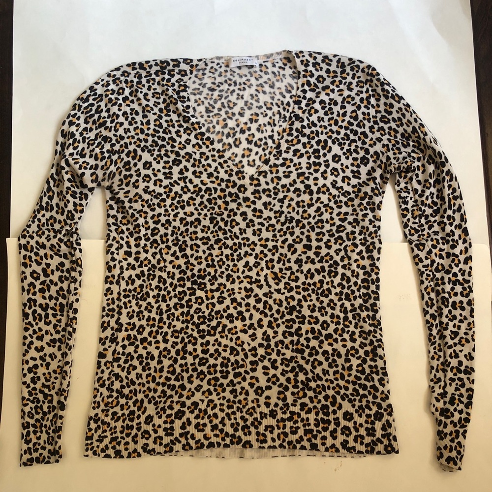 Equipment Leopard Print Vneck Long Sleeve Silk Top